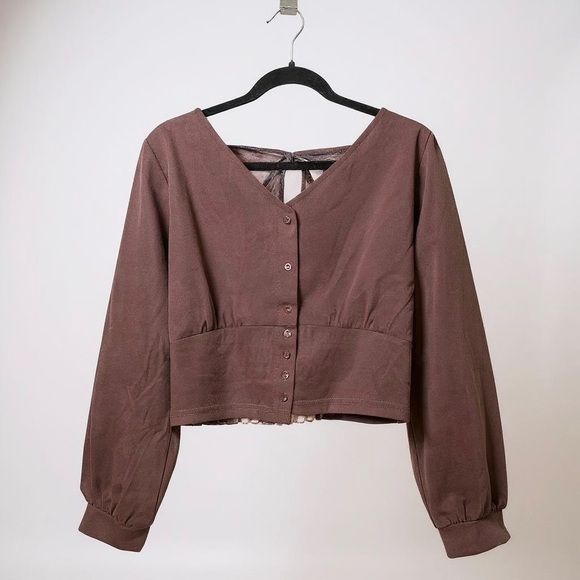 [WOMEN] GRL 🇯🇵 Plum Long Sleeve Back Tie Blouse | US S/JP M | Cottagecore V-Neck - Picture 2 of 8